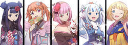  5girls black_gloves blonde_hair blue_eyes blue_hair blunt_bangs breasts cleavage column_lineup commentary_request detached_sleeves double_bun everyone fingers_together flat_chest flower folding_fan furisode gawr_gura gawr_gura_(new_year) gloves hair_bun hair_flower hair_ornament hairband hand_fan highres holding holding_fan holding_mask hololive hololive_english holomyth japanese_clothes kimono mask medium_breasts medium_hair mori_calliope mori_calliope_(new_year) multicolored_hair multiple_girls ninomae_ina&#039;nis ninomae_ina&#039;nis_(new_year) obi off_shoulder ok_sign one_eye_closed open_mouth orange_hair pink_eyes pink_hair purple_eyes purple_hair sash sharp_teeth sidelocks smile streaked_hair takanashi_kiara takanashi_kiara_(new_year) teeth twintails two-tone_hair virtual_youtuber watson_amelia watson_amelia_(new_year) white_hair wide_sleeves yuikannon 