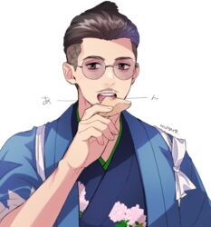  1boy artist_name black_hair blue_kimono eating facial_hair floral_print flower food hair_pulled_back hand_up haori holding holding_food japanese_clothes kimono light_blush looking_at_viewer male_focus moustache mutarou_(mu) open_mouth pink_flower round_eyewear ryuu_ga_gotoku_(series) ryuu_ga_gotoku_ishin! shinsengumi simple_background sleeves_rolled_up solo teeth toudou_heisuke_(ishin) undercut uniform upper_body white_background zhao_tianyou 