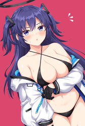  bare_shoulders bikini black_bikini black_gloves blue_archive blue_eyes blue_hair blush breasts cleavage collarbone female gloves hair_ornament halo highres horosuke jacket large_breasts long_hair long_sleeves looking_at_viewer mechanical_halo navel off_shoulder open_clothes open_jacket open_mouth pink_background sidelocks solo sweat swimsuit two_side_up white_jacket yuuka_(blue_archive) 