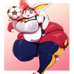  1:1 2023 accessory anthro ass ball bianca_(shootysyvleon) big_breasts big_butt bottomwear breasts cinderace clothing fan_character female generation_8_pokemon headband hi_res holding_soccer_ball huge_breasts huge_butt huge_thighs hyper hyper_butt hyper_hips hyper_thighs lagomorph legwear leporid looking_at_viewer mammal midriff nintendo open_mouth orange_eyes overweight overweight_anthro overweight_female pants pokemon pokemon_(species) pupils rabbit shirt soccer_ball solo thick_thighs thigh_highs topwear trinity-fate62 white_body white_pupils wide_hips 