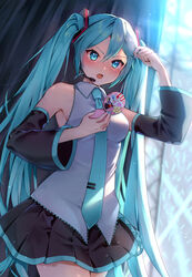  adjusting_hair annotated arm_up backstage bare_shoulders black_skirt blue_eyes blue_hair blue_nails blue_necktie blush breasts collared_shirt commentary cowboy_shot detached_sleeves female grey_shirt hand_mirror hatsune_miku headset highres holding holding_mirror kyashii_(a3yu9mi) long_hair long_sleeves looking_at_mirror magical_mirai_(vocaloid) magical_mirai_miku magical_mirai_miku_(2020_summer) magical_mirai_miku_(2020_winter) magical_mirai_miku_(2021) magical_mirai_miku_(2022) magical_mirai_miku_(2023) medium_breasts miniskirt mirror nail_polish necktie open_mouth pleated_skirt shirt skirt solo twintails v-shaped_eyebrows very_long_hair vocaloid 