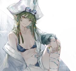  absurdres arknights bikini blue_bikini breasts can chinese_commentary collarbone commentary eyewear_on_head female gavial_(arknights) green_hair hair_between_eyes highres holding holding_can jacket jewelry large_hat long_hair looking_at_viewer medium_breasts navel open_clothes open_jacket pointy_ears ring shijiubashuazi simple_background sitting smile solo sunglasses swimsuit very_long_hair white_background white_jacket yellow_eyes 