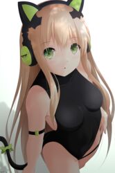  animal_ear_headphones animal_ears black_leotard blonde_hair bracer breasts cat_ear_headphones commentary fake_animal_ears female girls&#039;_frontline green_eyes headphones highres keenh leotard long_hair looking_at_viewer medium_breasts solo swimsuit tail tmp_(girls&#039;_frontline) white_background 