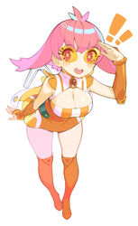  ! !! +_+ :d bracer breasts cleavage cleavage_cutout clothing_cutout commentary commission dress drinking_straw english_commentary female full_body hair_flaps halphelt hand_up highres kneehighs large_breasts leaning_forward looking_at_viewer medium_hair narugino_mikatan open_mouth orange_dress orange_socks pink_eyes pink_hair punch_line round_teeth short_dress simple_background smile socks solo strange_juice sunglasses teeth tinted_eyewear upper_teeth_only white_background yellow-tinted_eyewear 