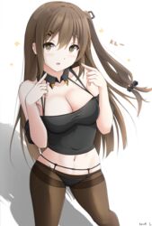  black_panties black_pantyhose black_shirt blush breasts brown_eyes brown_hair collarbone commentary female girls&#039;_frontline hair_ornament hair_ribbon highres k2_(girls&#039;_frontline) keenh large_breasts long_hair looking_at_viewer navel open_mouth panties panties_under_pantyhose pantyhose ribbon shirt solo underwear white_background 