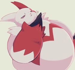  2023 ambiguous_gender anthro asulion54 belly big_belly biped bodily_fluids claws digital_media_(artwork) fur generation_3_pokemon narrowed_eyes nintendo overweight pokemon pokemon_(species) red_body red_fur solo sweat sweatdrop white_body white_fur zangoose 