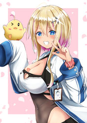  &gt;_o +_+ ahoge amano_kusatsu azur_lane bird black_leotard blonde_hair blue_eyes blush border breast_tattoo breasts chick cleavage coat collarbone commentary_request covered_navel falling_petals female glint gradient_hair grin groin gyaru hair_between_eyes hair_ornament hairclip hands_up highres id_card large_breasts leotard leotard_under_clothes looking_at_viewer manjuu_(azur_lane) marblehead_(azur_lane) midriff multicolored_hair navel_piercing one_eye_closed open_clothes open_coat petals piercing pink_background profile purple_hair scrunchie short_hair_with_long_locks shorts sidelocks sleeves_past_fingers sleeves_past_wrists smile solo_focus tattoo two-tone_hair upper_body v white_border white_coat wrist_scrunchie 