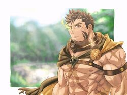  1boy abs bara bare_pectorals biceps blurry blurry_background brown_eyes brown_hair chains chest_harness facial_hair flaming_eye goatee harness heracles_(housamo) highres large_pectorals long_sideburns male_focus muscular muscular_male navel navel_hair nipples pectorals revealing_clothes saro_(rotsw_00022) scar scar_on_chest short_hair sideburns solo stomach stubble textless_version tokyo_afterschool_summoners upper_body veins yellow_eyes 