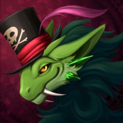  black_sclera clothing emerald_dragon fangs feral green_body green_hair green_scales hair hat headgear headwear male mane neck_tuft red_background retter scales sharp_teeth simple_background smug solo teeth tuft whelpsy yellow_eyes 