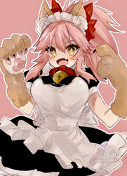  alternate_costume animal_ear_fluff animal_ears animal_hands apron bell breasts cat_paws collar enmaided fangs fate/grand_order fate_(series) female fox_ears fox_girl gloves hair_ribbon jingle_bell large_breasts long_hair looking_at_viewer maid maid_apron maid_headdress mamiya_(karegoe-ism) neck_bell oerba_yun_fang open_mouth paw_gloves pink_hair ponytail red_ribbon ribbon ringed_eyes skin_fang solo tamamo_(fate) tamamo_cat_(fate) tamamo_cat_(second_ascension)_(fate) white_apron yellow_eyes 