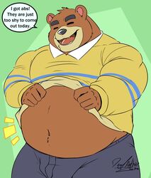  2020 animal_crossing anthro bear belly bottomwear brown_body brown_fur bulge closed_eyes clothing deadanthro dialogue english_text fur humanoid_hands male mammal navel nintendo open_mouth open_smile overweight overweight_anthro overweight_male pants shirt smile solo speech_bubble teddy_(animal_crossing) text topwear 