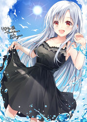  arm_up armpits belt bird bird_wings black_dress breasts clothes_lift cloud collarbone dress female frilled_dress frills hand_up highres large_breasts long_hair looking_at_viewer maya_(tirolpop) original red_eyes signature skirt skirt_lift sleeveless sleeveless_dress smile solo sun sunlight very_long_hair water water_drop waves waving white_hair wings 