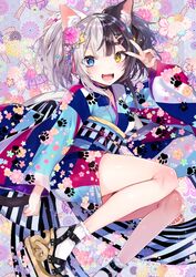  2017 :3 :d absurdres animal_ears bird black_hair blue_eyes blue_kimono blush breasts cat_ears cat_tail chick chinese_zodiac female floral_background floral_print flower hair_flower hair_ornament happy_new_year heterochromia highres japanese_clothes kanzashi kimono kimono_skirt medium_breasts metako_(hoyashi_rebirth) mismatched_animal_ear_colors multicolored_clothes multicolored_hair multicolored_kimono nekometaru new_year open_mouth original paw_print pink_flower sandals smile solo split-color_hair tail teeth thick_eyebrows two-tone_hair v white_kimono year_of_the_rooster yellow_eyes 