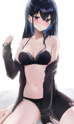  absurdres bad_id bad_twitter_id black_bra black_hair black_panties black_shirt blue_hair blush bra breasts cleavage closed_mouth clothes_down colored_inner_hair ear_piercing female highres long_hair long_sleeves looking_at_viewer medium_breasts mole mole_on_body mole_on_breast mole_on_thigh mole_under_eye multicolored_hair nanashinayuzu_mochi navel open_clothes open_shirt original panties piercing purple_eyes shirt shirt_down sitting solo stomach straight_hair underwear wariza 