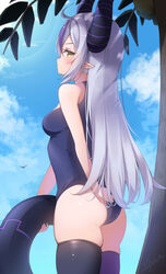  adjusting_clothes adjusting_swimsuit ahoge artist_name ass bare_arms bare_shoulders black_thighhighs blue_one-piece_swimsuit blue_sky blush breasts closed_mouth commentary demon_girl demon_horns female from_behind grey_hair highres holding holding_swim_ring hololive horns innertube la+_darknesss long_hair looking_at_viewer looking_back multicolored_hair one-piece_swimsuit outdoors pointy_ears purple_hair purple_thighhighs school_swimsuit sidelocks skindentation sky small_breasts solo streaked_hair striped_horns swim_ring swimsuit thighhighs thighs virtual_youtuber xlyami yellow_eyes 