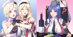  4girls ? artist_name beret black_necktie blonde_hair blue_eyes blue_hair blush bottle breasts collared_shirt commentary dated dress food fruit gloves gradient_hair grapes grey_hair hat head_out_of_frame highres himeyamato historical_connection jean_bart_(kancolle) kantai_collection long_hair massachusetts_(kancolle) meme mole mole_under_eye mole_under_mouth multicolored_clothes multicolored_gloves multicolored_hair multiple_girls necktie open_mouth parody red_hair richelieu_(kancolle) shirt short_hair signature sleeveless sleeveless_shirt south_dakota_(kancolle) white_dress white_headwear white_shirt wine_bottle woman_yelling_at_cat_(meme) 