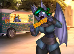  2022 anthro armadillo arthropod bat bat_wings bee blue_eyes clothed clothing commercial_vehicle cross-popping_vein delivery_(commerce) delivery_vehicle digital_drawing_(artwork) digital_media_(artwork) duo eating exclamation_point fangs female food food_truck fully_clothed green_hair hair honey_(food) honeycomb hybrid hymenopteran insects kebab mammal mango medium_truck megabat membrane_(anatomy) membranous_wings multi-stop_van multicolored_hair open_mouth procyonid public raccoon racoonadillo shotty_the_fruit_bat solo_focus teeth toughset truck_(vehicle) two_tone_hair van vehicle wings xenarthran 