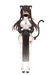  absurdres animal_ear_fluff animal_ears black-framed_eyewear black_dress black_hair blush breasts cat_ears cat_tail covered_navel cross cross_earrings cross_necklace dress earrings extra_ears feline female full_body garter_belt glasses gloves hecha_(01964237) high_heels highres jewelry large_breasts long_hair long_sleeves looking_at_viewer mask mole mole_under_eye mouth_mask necklace original own_hands_together pelvic_curtain puffy_long_sleeves puffy_sleeves semi-rimless_eyewear skindentation solo standing tail thigh_strap thighhighs under-rim_eyewear unworn_collar white_footwear white_gloves white_thighhighs yellow_eyes 