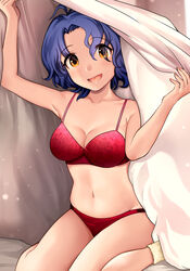  :d absurdres arms_up bad_id bad_pixiv_id bed bed_sheet blanket blue_hair bra breasts cleavage collarbone cowlick female floral_print hair_over_eyes hanamasa_ono highres idolmaster idolmaster_million_live! indoors light_blush light_particles looking_at_viewer medium_breasts nail_polish navel on_bed open_mouth panties parted_bangs red_bra red_panties short_hair sitting sleeveless smile socks solo toyokawa_fuka underwear underwear_only wariza yellow_eyes 