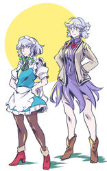  2girls angel_wings apron back_bow beige_jacket black_bow black_bowtie blue_eyes boots bow bowtie braid breasts brown_footwear brown_legwear cosplay dress french_braid full_body full_moon green_ribbons grey_hair hair_between_eyes hair_ribbon hands_on_own_hips height_difference high_heels izayoi_sakuya izayoi_sakuya_(cosplay) kishin_sagume kishin_sagume_(cosplay) large_breasts long_sleeves looking_at_another looking_at_viewer looking_to_the_side maid maid_apron maid_headdress moon multiple_girls open_mouth pantyhose puffy_short_sleeves puffy_sleeves purple_dress red_bow red_bowtie red_eyes red_footwear ribbon sash short_hair short_sleeves simple_background single_wing small_breasts smile standing touhou tress_ribbon twin_braids white_background white_sash wings yutarou 