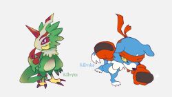  accessory anthro bandai_namco beak blue_body blue_fur boxing_gloves clothing digimon digimon_(species) duo feathers fur gaomon green_body green_feathers handwear headband j3rry1ce male mask pteromon wings yellow_eyes 