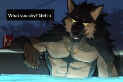  anthro beverage black_body black_fur brown_body brown_fur canid canine canis container cup dialogue domestic_dog excaliburwolf fur glass glass_container glass_cup hi_res hot_tub inviting jewelry male mammal muscular muscular_anthro muscular_male necklace night outside partially_submerged shirtless solo text water yellow_eyes 