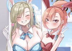  2girls :d ^_^ absurdres ahoge animal_ears asuna_(blue_archive) asuna_(bunny)_(blue_archive) asymmetrical_docking bare_shoulders black_halo blonde_hair blue_archive blue_bow blue_bowtie blue_halo blue_leotard blurry blurry_background blush bow bowtie braid breast_press breasts cleavage closed_eyes closed_mouth collarbone commentary day detached_collar earrings eyelashes eyes_visible_through_hair facing_viewer fake_animal_ears finger_heart frown gloves grin hair_over_one_eye hairbow halo hand_on_another&#039;s_shoulder hands_up happy highres huge_ahoge id_card indoors jewelry large_breasts leotard long_bangs long_hair looking_at_viewer mahoro_(minase_mahoro) mole mole_on_breast multiple_girls neru_(blue_archive) neru_(bunny)_(blue_archive) official_alternate_costume open_mouth orange_hair playboy_bunny rabbit_ears red_bow red_bowtie red_eyes red_leotard sanpaku short_hair side-by-side single_braid small_breasts smile strapless strapless_leotard stud_earrings tsurime upper_body v white_gloves window 