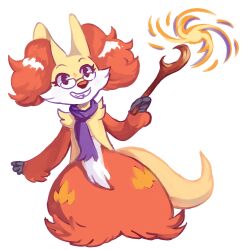  2017 anthro clenched_teeth delphox digital_media_(artwork) eyebrows eyelashes eyewear female fingers fire flavia-elric fluffy fluffy_tail fur generation_6_pokemon glasses hi_res holding_object holding_stick inner_ear_fluff nintendo open_mouth open_smile pokemon pokemon_(species) sharp_teeth smile solo standing stick tail teeth tuft white_body white_fur white_sclera 