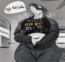  anthro belly big_breasts bodily_fluids breasts cetacean clothing coveralls crop_top dc_comics dialogue doctordj dolphin female fin front_view head_fin hi_res inside mammal marine navel oceanic_dolphin orca orca_(dc) sharp_teeth shirt slightly_chubby slightly_chubby_anthro slightly_chubby_female solo standing sweat teeth text thick_thighs toothed_whale topwear unzipping voluptuous_female 