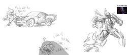  2024 anthro black_and_white bone_frill bumblebee_(transformers) car cavemanon_studios clothing crossover cybertronian dialogue dinosaur duo english_text female frill_(anatomy) hadrosaurid hair hasbro hi_res humanoid i_wani_hug_that_gator jacket kick long_hair long_tail machine male mia_moretti monochrome napkinbot ornithischian ornithopod parasaurolophus prehistoric_species profanity reptile robot robot_humanoid scalie sharp_teeth snout spiked_tail spikes spikes_(anatomy) tail takara_tomy teeth text topwear transformers vehicle 