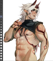  1boy arataki_itto black_nails blush body_hair body_markings bodypaint cawchan clothes_lift earrings english_commentary facepaint genshin_impact highres horns jewelry long_hair looking_to_the_side male_focus multicolored_hair muscular muscular_male nipples oni open_mouth pectorals pointy_ears red_eyes red_hair red_horns shirt_lift simple_background thick_eyebrows white_hair white_pubic_hair 