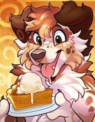  abstract_background anthro bodily_fluids canid canine canis dessert domestic_dog drooling food hi_res holding_food holding_object ice_cream mammal open_mouth open_smile pastry pie pumpkin_pie rindeadsong saliva smile solo tongue tongue_out 