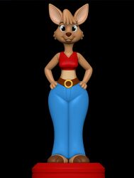  3d_(artwork) 3d_modeling 3d_print anthro belt clothed clothing digital_media_(artwork) ears_up female hands_on_hips hi_res kangaroo looking_straight macropod mammal marsupial matilda_roo shoeless sillytoys simple_background smile solo 