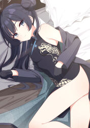  bed_sheet black_dress black_gloves black_hair blue_archive breasts china_dress chinese_clothes closed_mouth coat commentary divergenceok dragon_print dress female gloves grey_coat grey_eyes hair_bun highres kisaki_(blue_archive) light_smile long_hair looking_at_viewer lying on_bed on_side open_clothes open_coat pillow pinstripe_pattern print_dress single_bare_shoulder single_side_bun sleeveless sleeveless_dress small_breasts smile solo thighs 