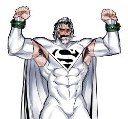  1boy alternate_costume armpit_cutout armpit_hair armpits arms_up bara beard black_hair blush cape clenched_hands clothing_cutout commentary covered_abs covered_navel dc_comics english_commentary facial_hair full_beard highres jor-el large_pectorals male_focus mature_male multicolored_hair muscular muscular_male old old_man pectorals revealyoursins simple_background skin_tight solo superman_(series) two-tone_hair white_background white_hair 