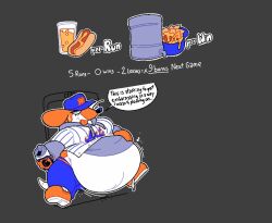  anthro baseball_cap belly beverage big_belly bloated boot_(artist) breasts clothed clothing dialogue digital_media_(artwork) electronics english_text eyelashes female food footwear hat headgear headwear hot_dog mammal metsrat mlb murid murine nachos new_york_mets obese orange_body overweight overweight_anthro phone rat rodent shoes short_stack simple_background soda solo tail text thick_thighs topwear uniform whiskers white_belly 