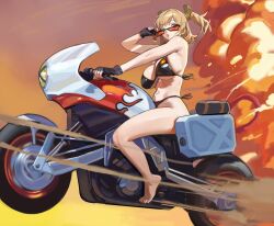  bare_legs barefoot bikini black_bikini blonde_hair breasts burnice_white feet female fire hintobento large_breasts legs looking_at_viewer motor_vehicle motorcycle navel on_motorcycle red_eyes riding short_hair short_twintails sitting solo swimsuit toes twintails zenless_zone_zero 