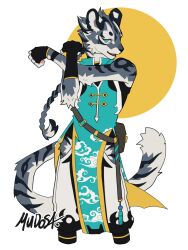  2024 anthro asian_clothing biped blue_body blue_eyes blue_fur chinese_clothing clothing east_asian_clothing felid fur hi_res looking_at_viewer male mammal mudosa_3_1 pantherine slim_anthro slim_male snow_leopard solo white_body white_fur 