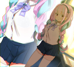  absurdres ahoge alternate_costume arms_behind_back blue_hair blue_skirt bow bowtie bra bra_peek braid collared_shirt commission dutch_angle female hairband highres hololive hota long_hair looking_at_viewer minato_aqua miniskirt multicolored_hair parted_lips pink_hair pixiv_commission purple_bow purple_bowtie red_eyes shirt skirt solo standing streaked_hair thighhighs twin_braids twintails two-tone_hair underwear very_long_hair virtual_youtuber white_shirt white_thighhighs wing_collar zettai_ryouiki zoom_layer 