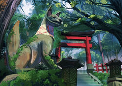  day forest fox fox_statue moss nature no_humans original outdoors photoshop_(medium) scenery shrine stairs statue torii tree tseng-en 