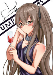  absurdres bad_id bad_pixiv_id brown_eyes brown_hair collarbone commentary cup dress drinking_glass female girls&#039;_frontline hair_ribbon hand_on_own_head highres hoppo long_hair looking_at_viewer official_alternate_costume purple_dress ribbon scar scarf solo speech_bubble ump45_(diamond_flower)_(girls&#039;_frontline) ump45_(girls&#039;_frontline) unhappy white_background 