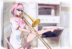  absurdres ahoge barefoot black-framed_eyewear blue_hair collarbone female hamachamu heart-shaped_lock highres idolmaster idolmaster_cinderella_girls indoors instrument kitchen leg_up meme microwave multicolored_hair music no_pants oven pink_hair playing_instrument raised_eyebrows shirt short_hair short_sleeves single_bare_shoulder sitting skeleton_print solo sunglasses t-shirt thighs trombone two-tone_hair when_mama_isn&#039;t_home_(meme) white_shirt wristband yumemi_riamu 