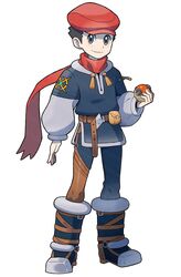  1boy belt boot_straps boots brown_belt closed_mouth commentary english_commentary floating_scarf full_body grey_eyes hat highres holding holding_poke_ball knees long_sleeves looking_at_viewer male_focus poke_ball poke_ball_(legends) pokemon pokemon_legends:_arceus pouch red_hat red_scarf redesign rei_(pokemon) scarf shiny short_hair simple_background smile solo standing vikthor01 white_background 