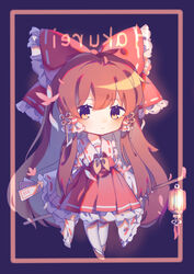  absurdres amulet artist_name blush bow bowtie brown_hair chibi closed_mouth collar detached_sleeves dress female frills full_body hair_between_eyes hair_ornament hair_tubes hairbow hakurei_reimu highres light long_hair long_sleeves looking_at_viewer pantyhose purple_background red_bow red_dress red_footwear shadow shoes solo standing touhou very_long_hair white_pantyhose wide_sleeves yellow_bow yellow_bowtie yellow_eyes zhi_xixi 