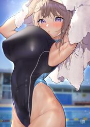  :o arched_back armpits arms_up bare_hips blush breasts brown_hair commentary_request competition_swimsuit drying drying_hair female highleg highleg_swimsuit highres karinto_yamada large_breasts looking_at_viewer one-piece_swimsuit original pool purple_eyes skin_tight skindentation solo swimsuit towel 