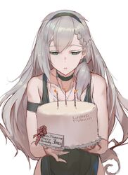  animal_ears bare_shoulders birthday_cake braid cake candle choker cowboy_shot dress ears_down female fire flame food girls_frontline green_choker green_dress green_eyes grey_hair hairband highres holding_cake ksvk_(girls_frontline) long_hair pandea_work simple_background solo standing very_long_hair white_background 