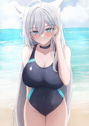  absurdres ahoge animal_ear_fluff animal_ears beach black_choker blue_archive blush breasts choker cleavage competition_swimsuit cosplay covered_navel cowboy_shot extra_ears female grey_hair groin highres large_breasts long_hair looking_at_viewer mismatched_pupils mofu07519 one-piece_swimsuit outdoors shiroko_(blue_archive) shiroko_(blue_archive)_(cosplay) shiroko_(swimsuit)_(blue_archive) shiroko_terror_(blue_archive) solo straight_hair swimsuit two-tone_one-piece_swimsuit very_long_hair wolf_ears 