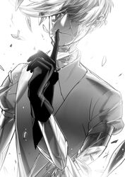  1other amputee antarcticite artist_name bloodcat_(babacatcat) broken character_name closed_mouth collared_shirt covered_eyes crack disembodied_hand facing_viewer finger_to_mouth gem_uniform_(houseki_no_kuni) gloves greyscale hair_over_eyes houseki_no_kuni index_finger_raised monochrome necktie other_focus photoshop_(medium) puffy_short_sleeves puffy_sleeves shards shirt short_hair short_sleeves shushing simple_background smile solo upper_body white_background 