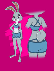  ass barefoot cheek_tuft clothing color_edit colored darkbunny666 disney facial_tuft feet fur grey_body grey_fur hi_res judy_hopps lagomorph leporid mammal midriff purple_eyes rabbit shoxxe simple_background solo standing swimwear third-party_edit tuft zootopia 