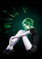  1other androgynous bare_legs belt black_background black_footwear bloodcat_(babacatcat) character_name colored_eyelashes commentary crystal_hair from_side full_body gem_uniform_(houseki_no_kuni) green_background green_eyes green_hair green_nails houseki_no_kuni hugging_own_legs light_particles looking_at_viewer necktie other_focus phosphophyllite photoshop_(medium) shoes short_hair shorts sitting solo sparkle 